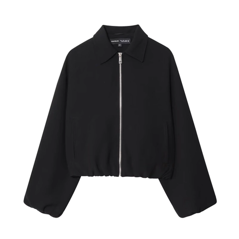 Women Fashion Solid Color Zip Up Crop Jacket Turn Down Collar Long Sleeve Loose Outerwear Casual Bomber Coat Autumn Wear