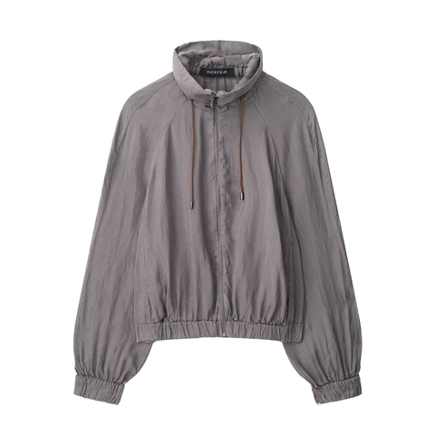 Veste Femme Décontractée Col Montant Légère Zippée Coupe Ample Cordon de Serrage Gris Taupe Coupe-vent Mince