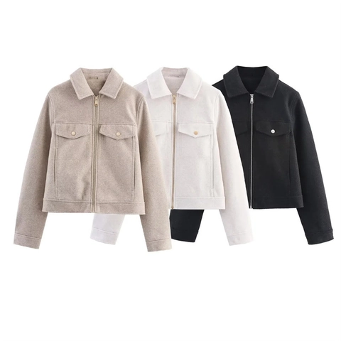 Women Casual Woolen Blend Jacket Lapel Collar Zipper Front Pockets Loose Fit Autumn Winter Fashion Outerwear Coat