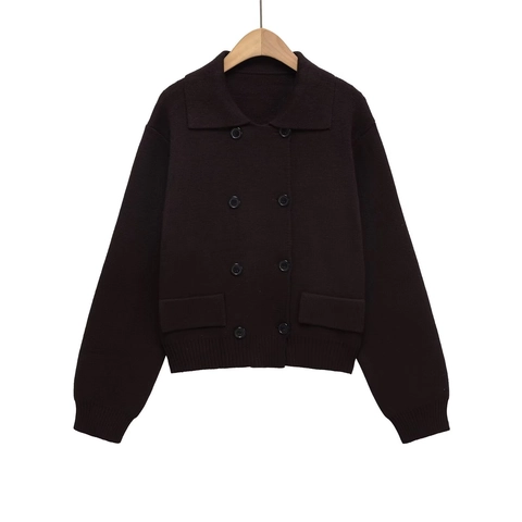 Damen Zweireihig Strickjacke Pullover Revers Langarm Geripptes Bündchen Klapptasche Herbst Winter Elegante Oberbekleidung
