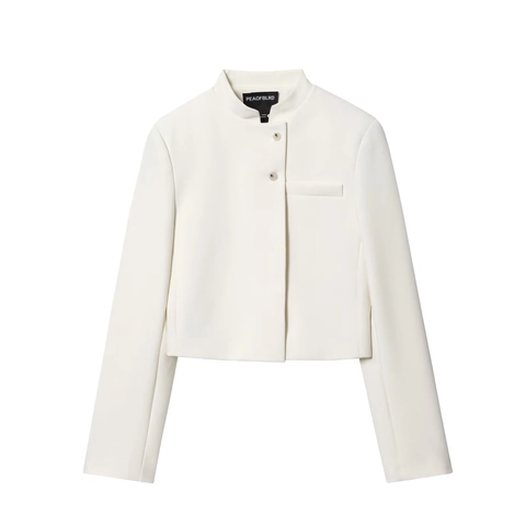 Women Slim Fit Short Blazer Jacket Stand Collar Asymmetric Buttons Long Sleeve White Solid Casual Office Outerwear Top