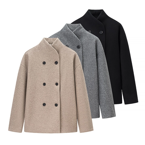 Dames Double Breasted Wollen Jas Opstaande Kraag Effen Kleur Kort Jack Lange Mouw Bovenkleding Britse Stijl Mode