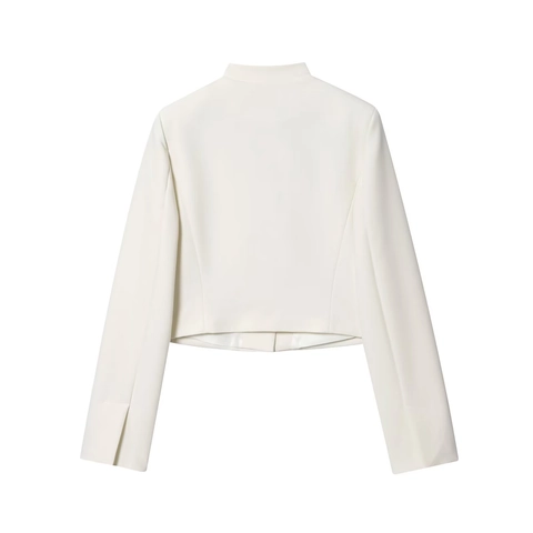 Women Chic White Cropped Blazer Jacket Stand Collar Long Sleeve With Slits Minimalist Office Business Casual Suit