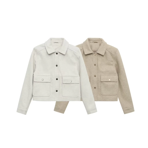 Women Casual Short Woolen Jacket Lapel Single Breasted Workwear Coat With Large Pockets Loose Autumn Winter Warm Outerwear