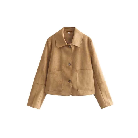 Damen Wildlederoptik Jacke Vintage Lässig Revers Einreihig Kurzmantel Mit Aufgesetzten Taschen Langarm Herbst Oberbekleidung