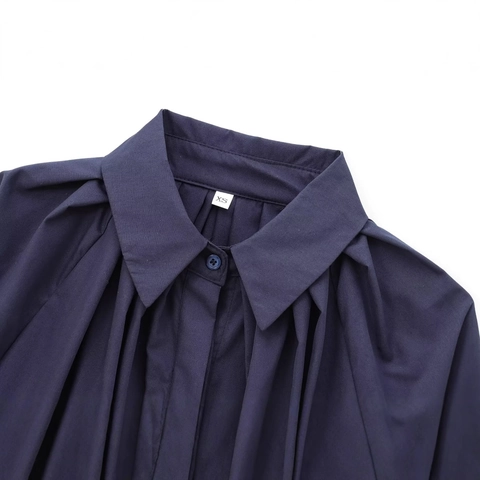 Damen Street Fashion Plissee Popeline Bluse Marineblau Langarm Lose Button Down Hemd Für Casual Alltag Kleidung