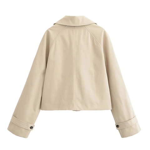 Women's Short Trench Coat Waterproof Polyester Lapel Single-Breasted Utilitarian Style Apricot Solid Color Casual Jacket