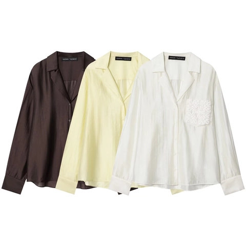 Camicetta da Donna Street Style con Tasca Ricamata Manica Lunga Consistenza Satinata Tinta Unita Camicia con Risvolto Top Elegante