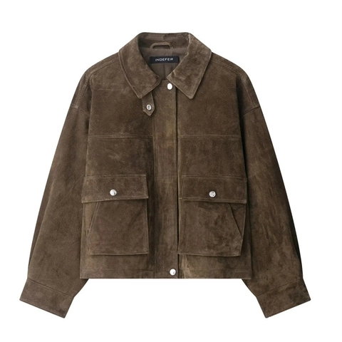 Women Vintage American Lapel Faux Suede Bomber Jacket With Pockets Loose Casual Zip Up Flight Jacket Outerwear Brown