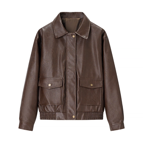 Giacca in Pelle PU Marrone Vintage da Donna Bomber Effetto Invecchiato Cappotto in Ecopelle Casual con Revers Streetwear