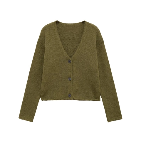Damen Casual Strickjacke und Weste Set V-Ausschnitt Geknöpft Einfarbig Olivgrün Langarm Ärmellose Strickoberteile