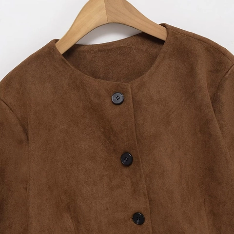 Chaqueta Casual de Imitación Gamuza para Mujer Cuello Redondo Manga Larga Abotonado Sencillo Color Sólido Abrigo Corto Vintage