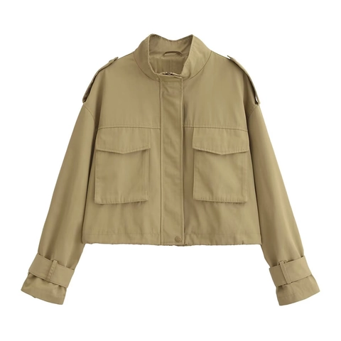 Damen Khaki Utility Cargo Jacke Kurz Crop Top Schulterklappen Tasche Stehkragen Regular Fit Streetwear Herbst Outerwear Casual Jacke