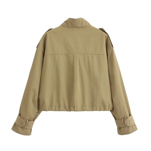 Damen Khaki Utility Cargo Jacke Kurz Crop Top Schulterklappen Tasche Stehkragen Regular Fit Streetwear Herbst Outerwear Casual Jacke