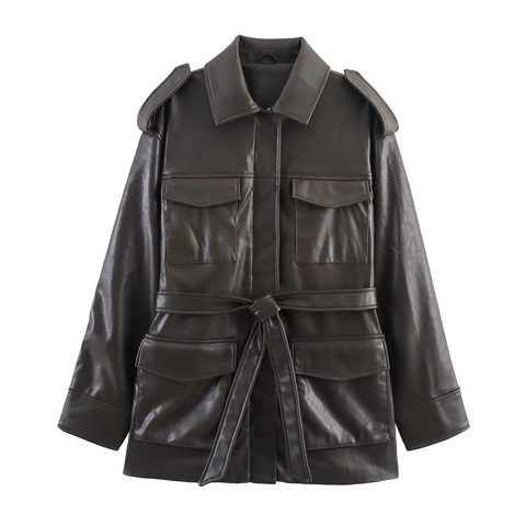 Giacca Safari da Donna Vintage Marrone Scuro in Ecopelle Con Cintura Revers Manica Lunga Multi Tasca Cappotto in Pelle PU