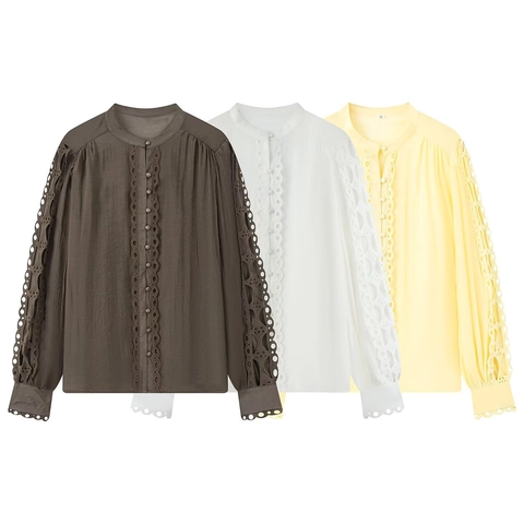 Chemisier Décontracté pour Femmes avec Bordure en Dentelle Col Montant Manches Longues Couleur Unie Broderie Ajourée Top
