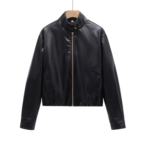 Women Faux Leather Jacket Streetwear Stand Collar Gold Zipper Button Pocket PU Outerwear Casual Solid Black Moto Jacket
