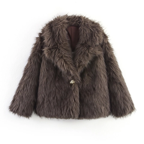 Women's Chic Faux Fur Jacket Elegant Lapel Long Sleeve Single Button Plush Coat Warm Solid Color Autumn Winter Outerwear