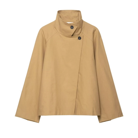 Women Casual Short Trench Coat Stand Collar One Button Khaki Windbreaker Jacket Solid Color Woven Polyester Outerwear