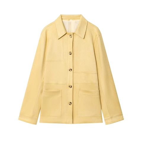 Women's Casual Faux Suede Jacket Lapel Button Down Workwear Outerwear Long Sleeve Utility Coat With Patch Pockets Solid Color