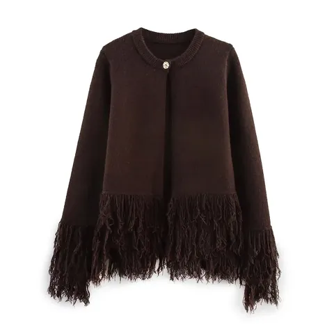 Cardigan in Maglia da Donna Vintage Girocollo Con Orlo Lungo a Frange Bottone Singolo Oro Manica Lunga Marrone Scuro