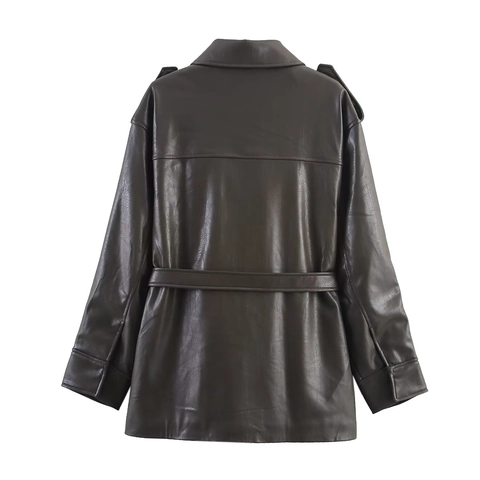 Giacca Safari da Donna Vintage Marrone Scuro in Ecopelle Con Cintura Revers Manica Lunga Multi Tasca Cappotto in Pelle PU
