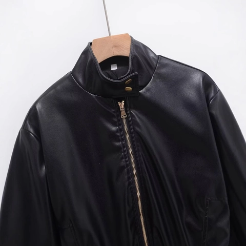 Women Faux Leather Jacket Streetwear Stand Collar Gold Zipper Button Pocket PU Outerwear Casual Solid Black Moto Jacket