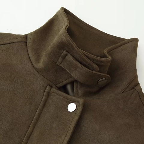 Damen Vintage Wildlederimitat Jacke Lockerer Stehkragen Reißverschluss Cargo Bombermantel Mit Taschen Streetwear Oberbekleidung