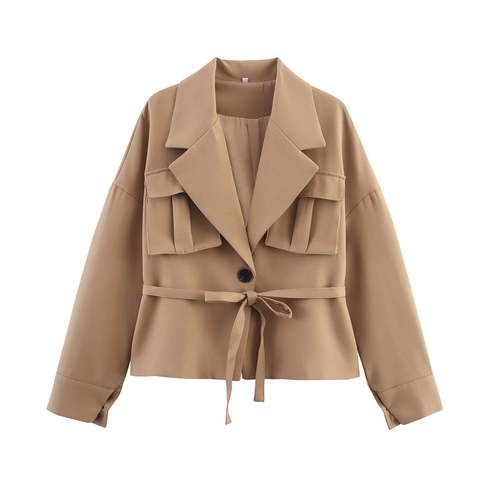 Giacca Blazer Corta Cargo da Donna Con Cintura Khaki Rever a Dente Bottone Singolo Manica Lunga Tasche Cappotto