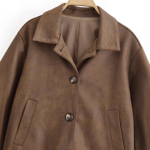 Women Casual Faux Suede Jacket Lapel Single Breasted Solid Color Short Coat Long Sleeve Streetwear Outerwear For Autumn Winter