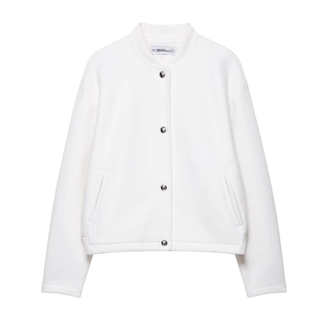 Bomber Bianco Morbido da Donna Manica Lunga Collo in Piedi Monopetto Bottone in Metallo Casual Streetwear Capispalla Autunno Inverno
