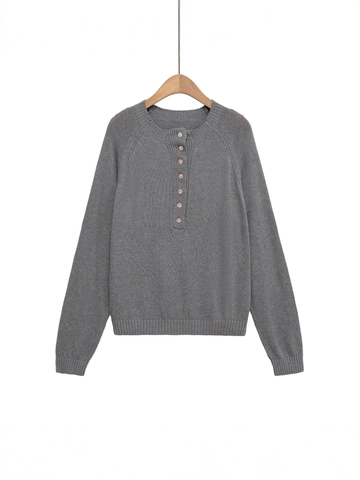 Women's Casual Grey Knit Sweater Crewneck Henley Long Raglan Sleeve Loose Pullover Fashion Warm Streetwear Soft Knit Jumper