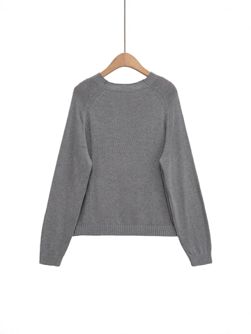 Women's Casual Grey Knit Sweater Crewneck Henley Long Raglan Sleeve Loose Pullover Fashion Warm Streetwear Soft Knit Jumper