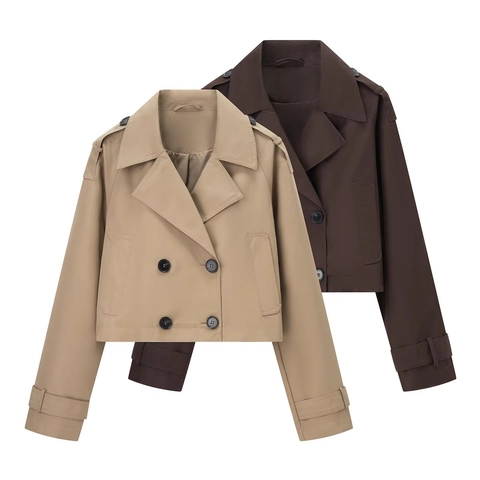 Damen Mode Casual Revers Zweireihig Kurz Trenchcoat Jacke Mit Schultergurten Ärmelschlaufen Khaki Kastanie