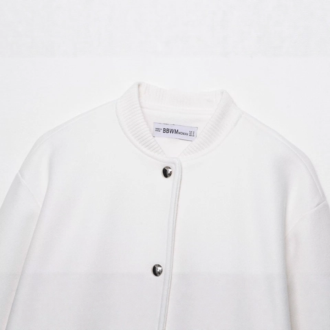 Bomber Bianco Morbido da Donna Manica Lunga Collo in Piedi Monopetto Bottone in Metallo Casual Streetwear Capispalla Autunno Inverno