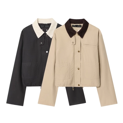 Giacca Corta da Donna in Stile Workwear Vintage Americano Con Colletto in Velluto a Coste Cappotto in Tela Manica Lunga