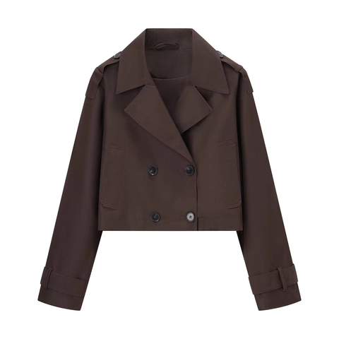 Women Short Trench Coat Cropped Wool Blend Double Breasted Lapel Jacket Long Sleeve Loose Casual Outerwear Autumn Top