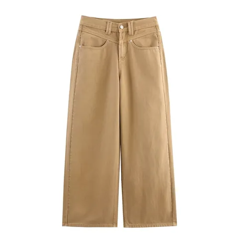 Dames Khaki Lage Taille Losse Rechte Pijpen Denim Jeans Polyester Mix Casual Streetwear Patchwork Lange Denim Broek