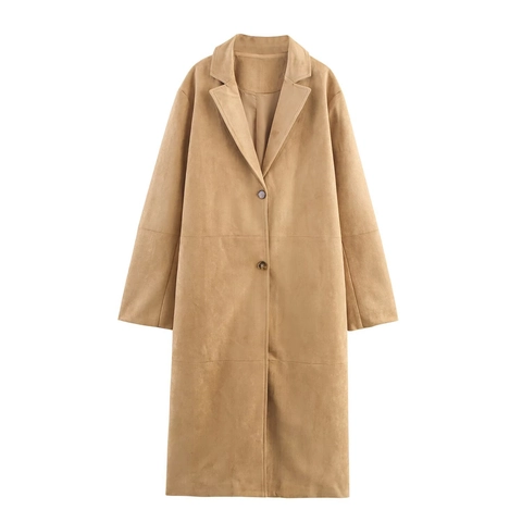 Women Casual Faux Suede Long Trench Coat Lapel Button Down Street Fashion Solid Color Outerwear Camel Fall Coat Jacket