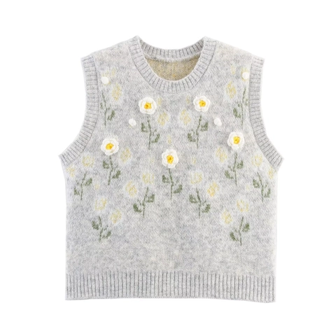 Women Street Fashion 3D Crochet Flower Knit Vest Round Neck Sleeveless Pullover Daisy Pattern Ribbed Trim Polyester Sweater Vest