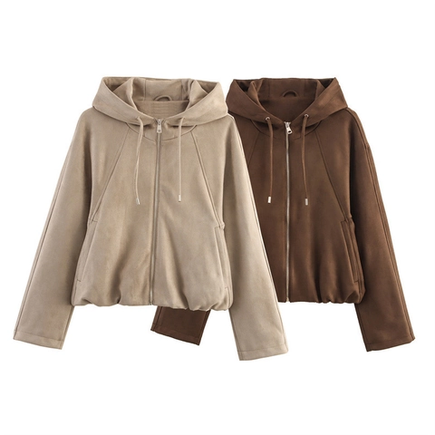 Veste à Capuche pour Femme avec Fermeture Éclair Décontractée Large Manches Longues Streetwear Couleur Unie Manteau Mode Polyester