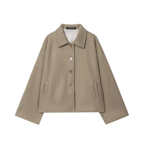 Women's Fashion Solid Camel Faux Woolen Short Jacket Single Breasted Lapel Collar Loose Fit Casual Autumn Outerwear