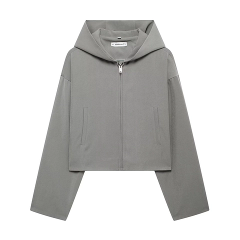 Chaqueta Casual Con Capucha Para Mujer Con Cremallera Corta Ajuste Holgado Manga Larga Ropa De Abrigo Con Bolsillos Color Sólido 100% Poliéster