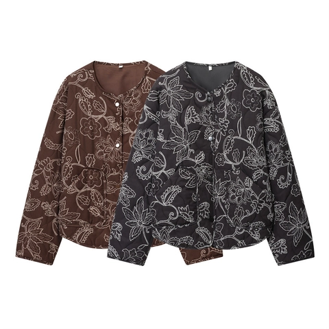 Giacca Trapuntata Donna Casual Ricamo Floreale Vintage Girocollo Monopetto Cappotto Esterno Largo Con Tasche Per Autunno