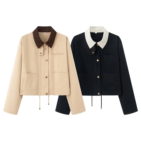 Chaqueta Corta Vintage para Mujer Cuello de Solapa de Pana Contraste Suelto Color Sólido Streetwear Ropa de Abrigo Bolsillo Abrigo Casual