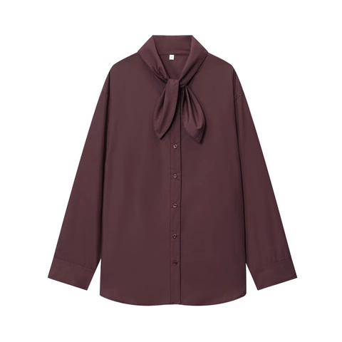 Women's Elegant Pussy-bow Collar Poplin Blouse Long Sleeve Solid Color Button Up Shirt For Office Daily Casual