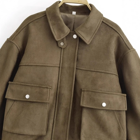 Chaqueta Cargo de Gamuza Sintética para Mujer Ajuste Holgado Corta Streetwear Ropa de Abrigo Con Bolsillos Solapa Cremallera Botones de Metal Chaqueta de Manga Larga