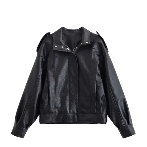 Chaqueta Biker de Cuero Sintético PU para Mujer Color Negro Liso Hombro Caído Cuello Alto Textura Litchi Abrigo Moto con Cremallera