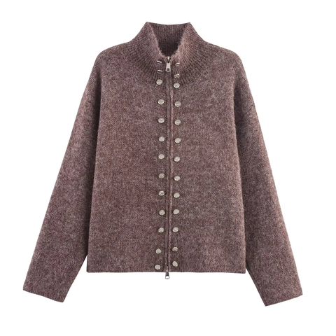 Cárdigan de Punto de Cuello Alto con Cremallera para Mujer con Botones Decorativos Color Sólido Manga Larga Suelto