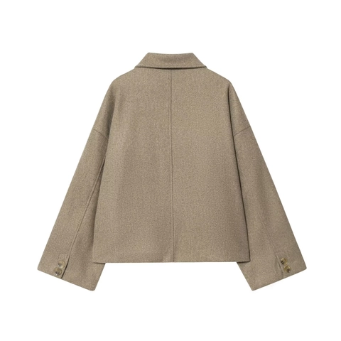 Women's Fashion Solid Camel Faux Woolen Short Jacket Single Breasted Lapel Collar Loose Fit Casual Autumn Outerwear